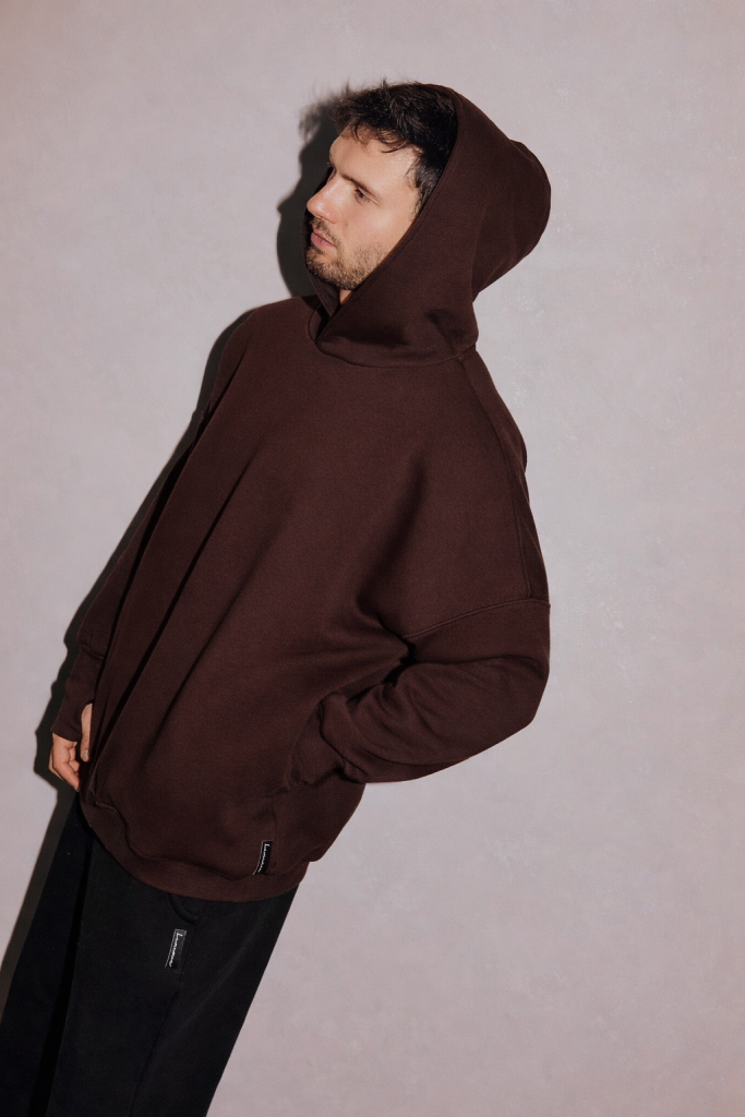Bawełniana bluza BASIC OVERSIZE z kapturem CZEKOLADOWA